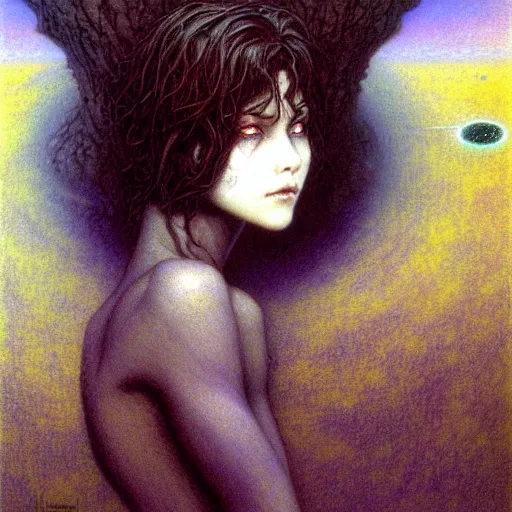 Image similar to cute young vampire tomboy girl with short short short dark hairs on lovecraftian planet by jean delville by luis royo and wayne barlowe, beksinski