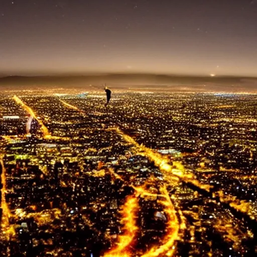 Prompt: sofia vassilieva soaring above los angeles at night, with the lacma lights visible down below, trending on artstation