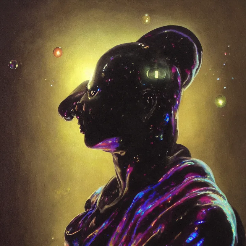 Prompt: a neoclassicist close - up portrait of a black man glowing cloaked in silk with glowing bubbles and iridescent and reflective alien technology. foggy black background with dark puffy glowing clouds. highly detailed science fiction painting by norman rockwell, frank frazetta, syd mead and moebius. rich colors, high contrast, gloomy atmosphere, dark background. trending on artstation.