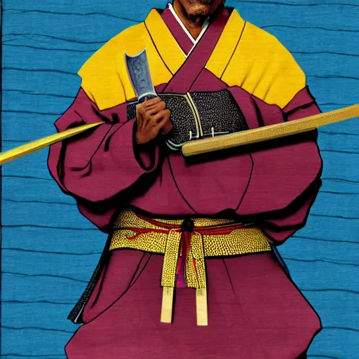 Image similar to gustavo fring from breaking bad wearing samurai armor and holding a katana in feudal japan, 4 k, hyper realistic, ink block painting, edo period