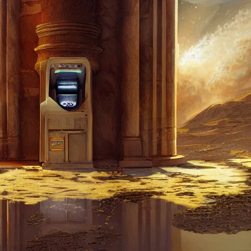 Image similar to detailed painting of a scifi abandoned atm, celestial ephemeral ornaments and greek architecture, artstation, joshua middleton in africa, cinematic