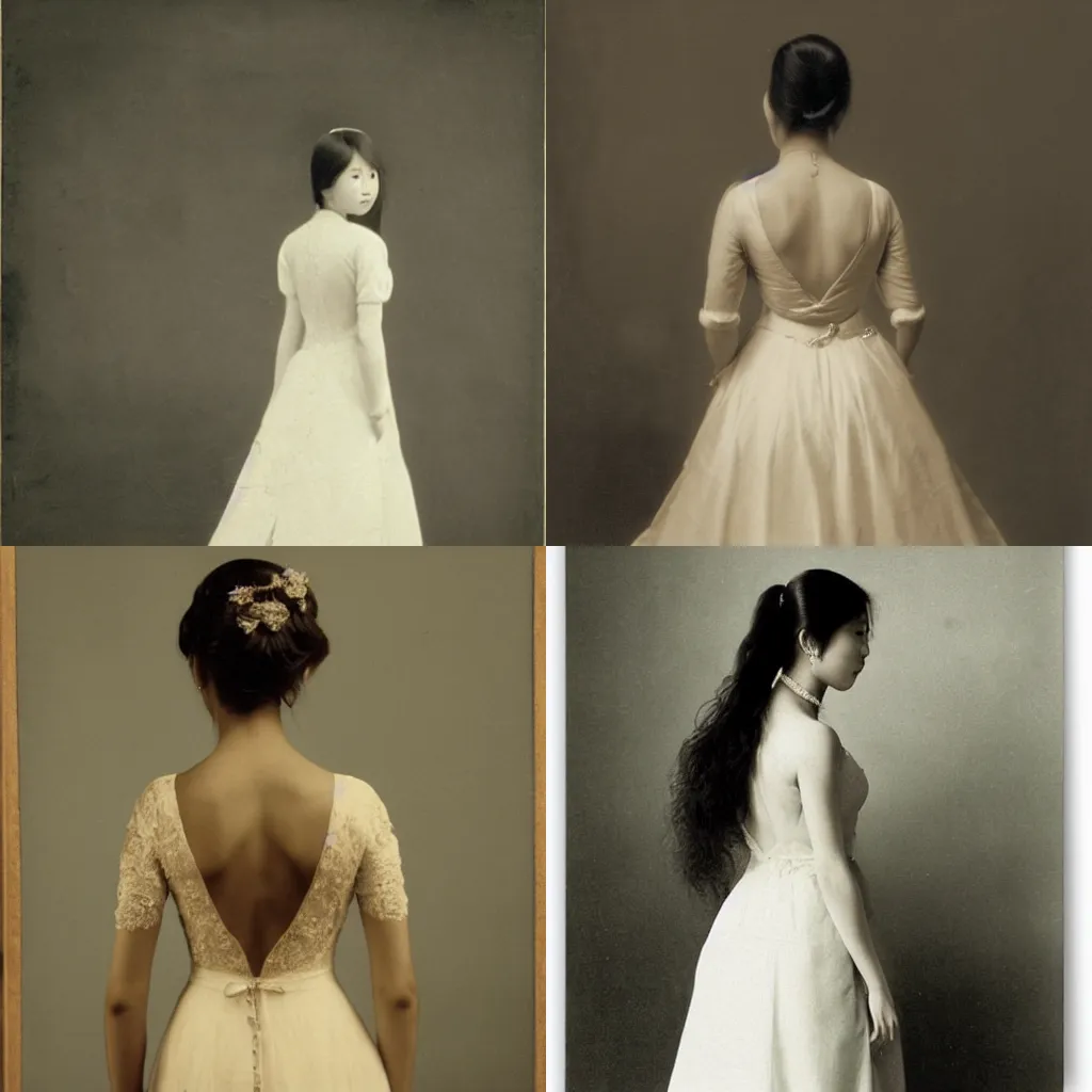 Prompt: asian girl with long hair, back view, wedding dress, by ernest joseph laurent