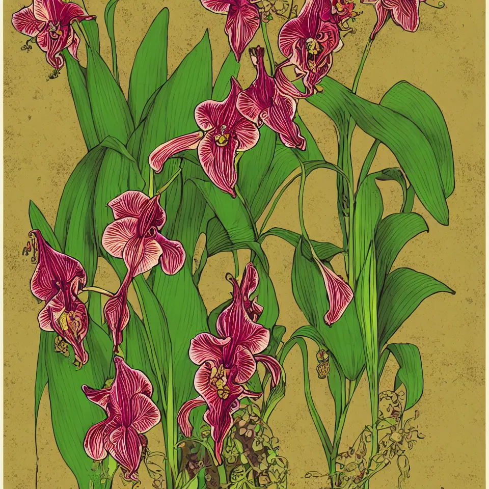 Prompt: colorful print of paphiopedilum ground orchids bunched botanical artwork, multicolor lino block print with vignettes, created by mike mignola, greg hildebrandt, banksy in the style of painting toon shades, colorful ink, vibrant, pastel, color vector, smooth curves, graphical, detailed, trending in art station