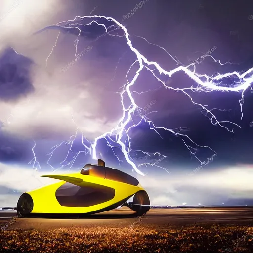 Image similar to futuristic flying car in surrounded by a circle made of lightning, in the sky, thunderstorm at night, 28mm dramatic photo