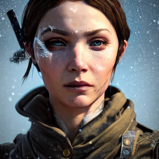 Image similar to A comic book style portrait painting of a female ranger in a a post apocalyptic winter landscape, unreal 5, DAZ, hyperrealistic, octane render, RPG portrait, ambient light, dynamic lighting
