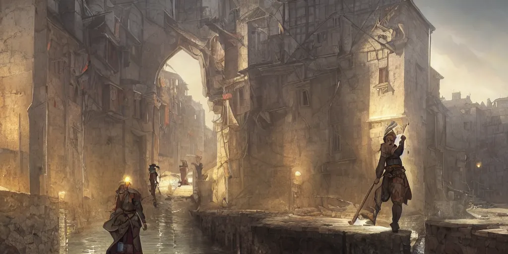 Image similar to empty medieval port town sewers are clogged with silt and debris, pokemon sword and sheild, bright future, social realism, highly detailed, digital painting, artstation, concept art, matte, sharp focus, illustration, art by artgerm and greg rutkowski and alphonse mucha