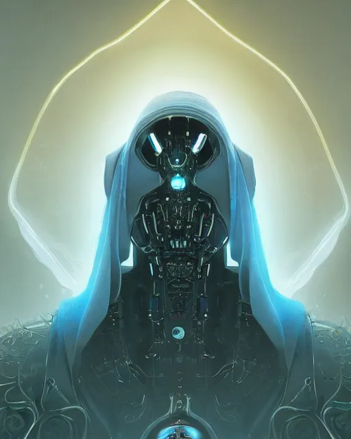 Image similar to benevolent cyborg necromancer, scifi, futuristic, elegant cape, helpful, kind, intelligent, alien room background, white, blue, gold, highly detailed, trending on artstation, soft light, holy machine, advanced technology, art by vitaly bulgarov and nivanh chanthara