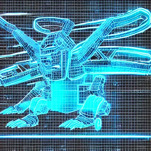 Image similar to <https://s.mj.run/Hy-XYluU-s8> A wireframe Mecha dragon, Holographic Projection, Grid, glowing neon, diagram schematic, measurements, hieroglyphics, octane rendered, 16k uhd