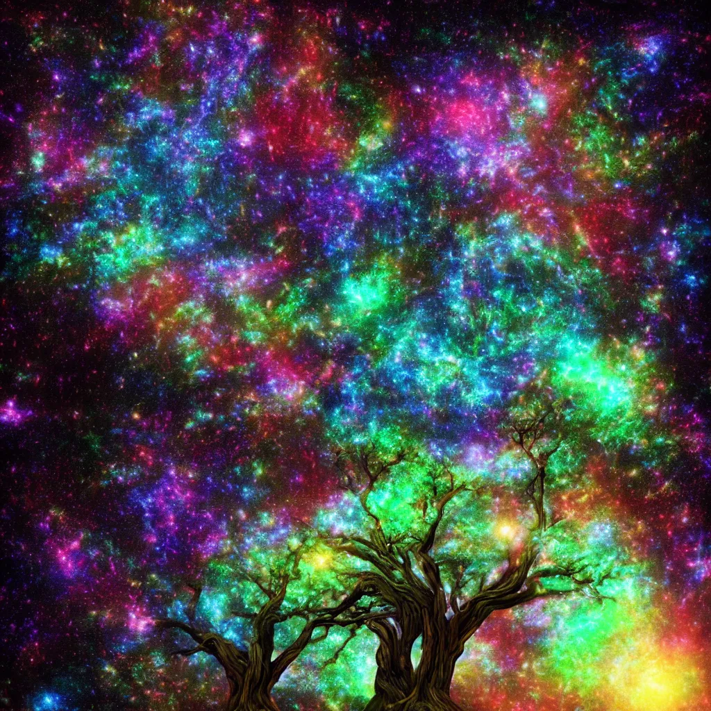 Image similar to tree of life, Cosmic tree of life, trees, Tree in a galaxy made of stars, space, nebulas stars Dmt Psychedelic cosmos, cosmic, Hallucination, night sky; 8k, artstation, unreal engine, octane render, hdr, surrealistic, hyperrealism, glow, photorealistic, volumetric lighting, Dreamy, dynamic, mystical