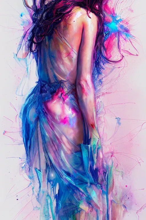 Image similar to gal gadot by agnes cecile enki bilal moebius, intricated details, 3 / 4 back view, full body portrait, extremely luminous bright design, pastel colours, drips, autumn lights