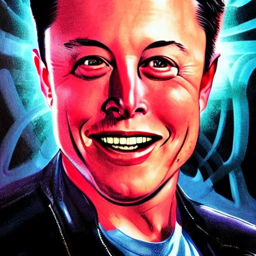 Prompt: movie poster of elon musk as a villain who looks at the planet mars with a macabre smile, his face is illuminated with a red light, drew struzan style