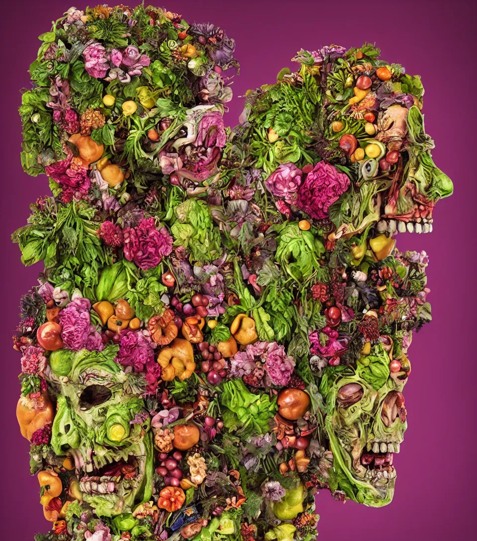 Image similar to hyper-detailed torso and head of a zombie punk made out of fruits, vegetables and large flowers in the Baroque style of Arcimboldo, crystalline skin, neon lighting, wide camera angle, dull pink background