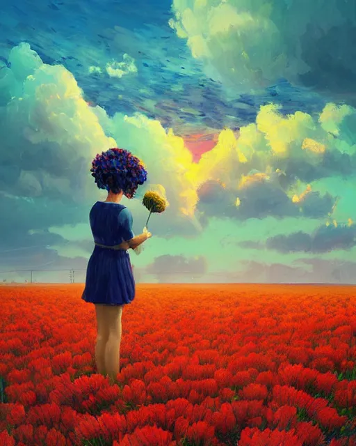 Image similar to girl with a giant carnation head, surreal photography, flower field, sunset dramatic light, impressionist painting, colorful clouds, blue sky, digital painting, artstation, simon stalenhag