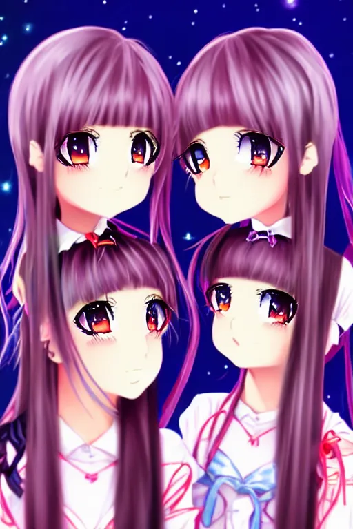 Image similar to two beautiful female idols with twintails facing each other, dark background, detailed anime art