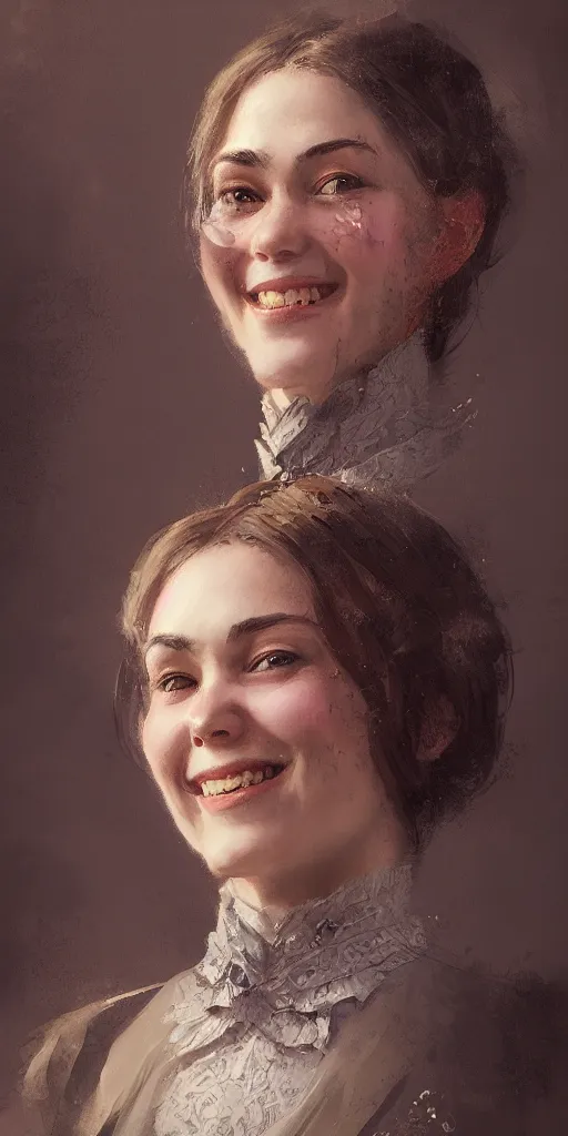 Prompt: Portrait of a smiling victorian aristocrat, happy, cheerful, detailed face, victorian, highly detailed, cinematic lighting, digital art painting by greg rutkowski