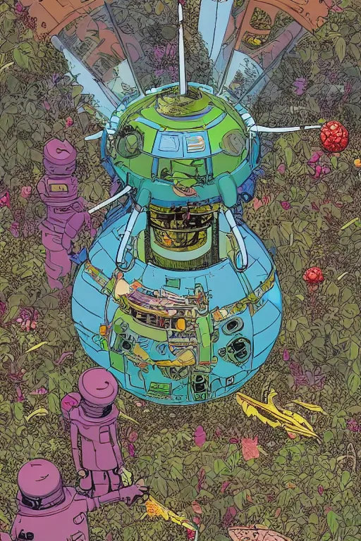 Image similar to exotic garden spaceship in space in the style of geof darrow, geof darrow art,