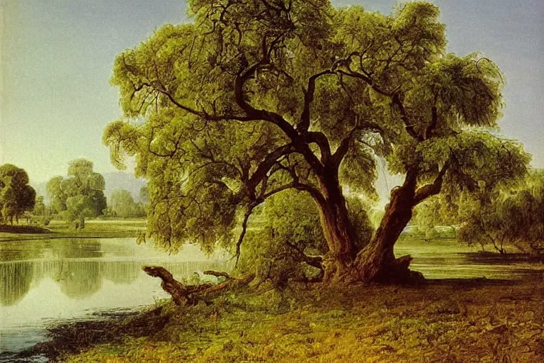 Image similar to painting of a old tree next to a meandering river by alexei savrasov