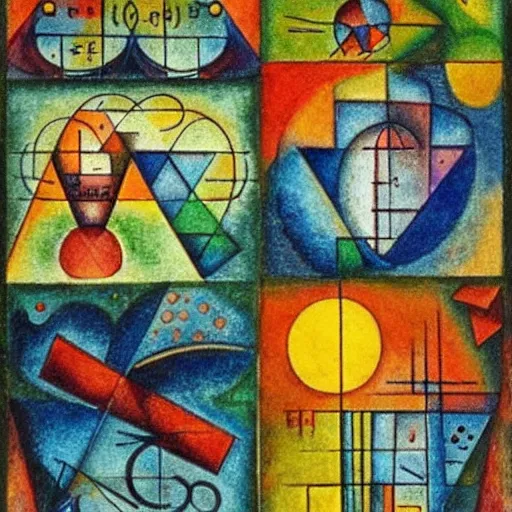 Prompt: mathematical equations inspired by bosch, klee, kandinsky. mathematical paradise, beautiful animals, equation heaven, platonic solids, elegant diagrams, beautiful equations, oil paint, hyperrealistic, collection of louvre