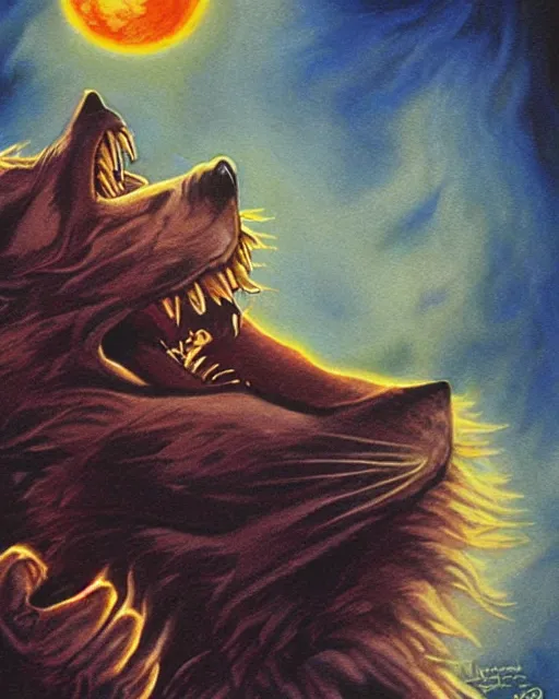 Prompt: werewolf howling, airbrush, drew struzan illustration art, key art, movie poster