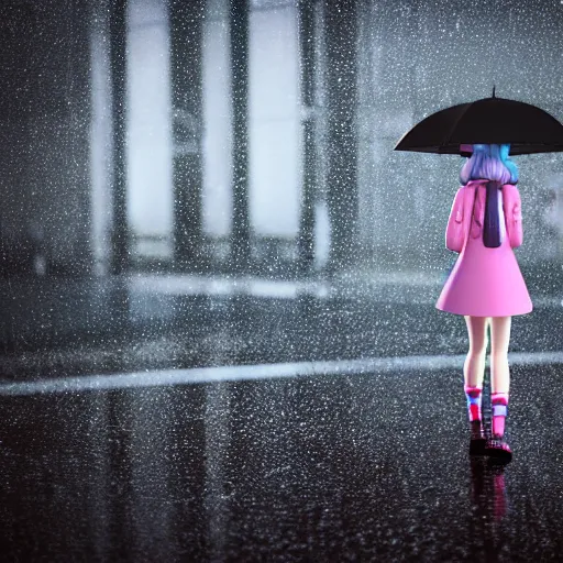 Image similar to photorealistic hatsune miku walking down a rainy street, ef 8 5 mm f 1. usm