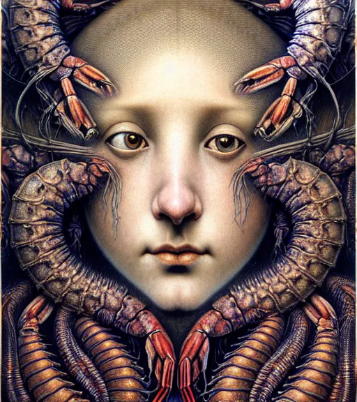 Prompt: detailed realistic beautiful shrimp goddess face portrait by jean delville, gustave dore, iris van herpen and marco mazzoni, art forms of nature by ernst haeckel, art nouveau, symbolist, visionary, gothic, neo - gothic, pre - raphaelite, fractal lace, intricate alien botanicals, ai biodiversity, surreality, hyperdetailed ultrasharp octane render