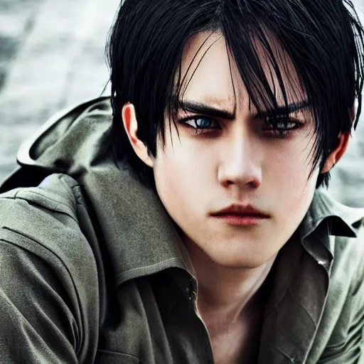 Image similar to photorealistic portrait photograph of real - life eren yeager looking at the camera, shingeki no kyojin, depth of field, soft focus, highly detailed, intricate, realistic, national geographic cover, soft glow, textured skin