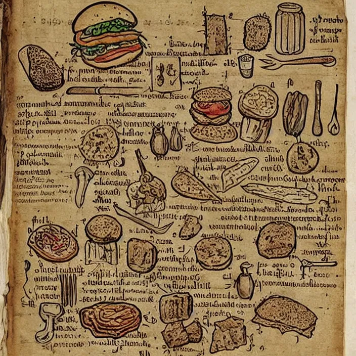 Image similar to ( ( ( ( illustrated recipe for an hamburger ) ) ) ) lot of medieval enluminures in the background explaining the recipe, found schematic in a notebook