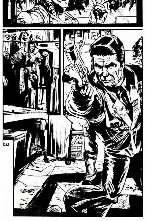 Image similar to ronald reagan, mid - shot, a page from cyberpunk 2 0 2 0, style of paolo parente, style of mike jackson, adam smasher, johnny silverhand, 1 9 9 0 s comic book style, white background, ink drawing, black and white, colouring pages