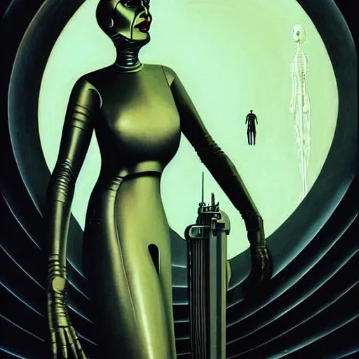 Image similar to futuristic portrait of woman from 2 0 s decade of xx century in metal space suit in a style of hans giger, dark atmosphere, lovecraftian background, lynchian atmosphere, film noir, concept art, art by kuvshinov ilya and zdislav beksinski and wayne barlowe and hans giger