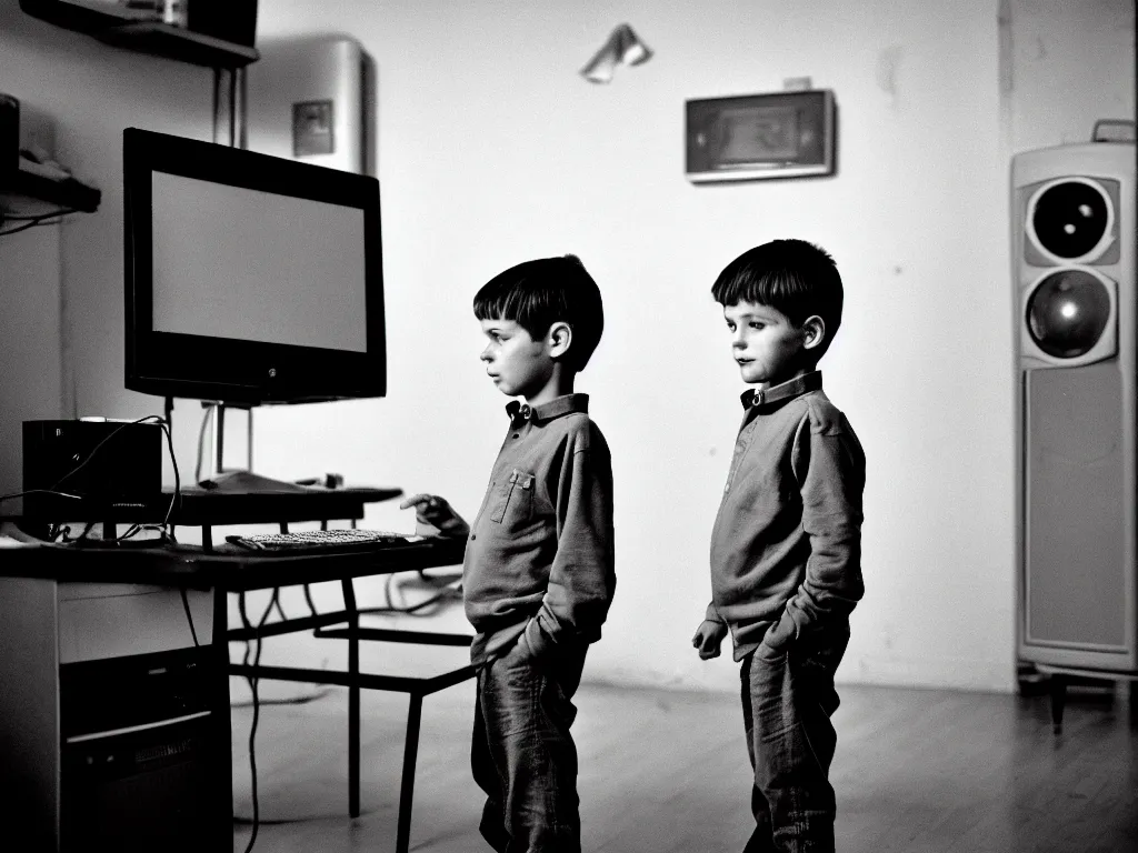 Image similar to realistic detailed image of a standing figure of a five years old boy in front of a PC computer from 90s in an old dirty soviet apartment, Photographed with Leica Summilux-M 24 mm lens, ISO 100, f/8, Portra 400, kodak film, anamorphic lenses. high quality