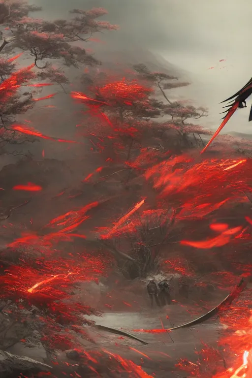 Prompt: bloodiest samurai battle in history. Sashimono. Greg rutkowski legendary matte painting.. 4k, particles light,