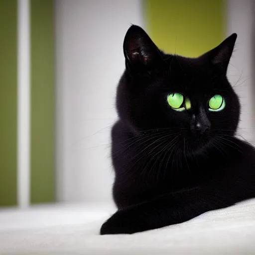 Image similar to national geographic photograph of a green-eyed black cat sitting in a white room