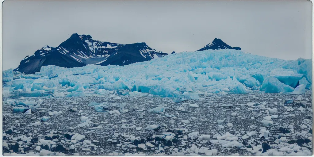 Prompt: polaroid photo of glaciers in iceland, surrounded by snow and ice, bright blue sky