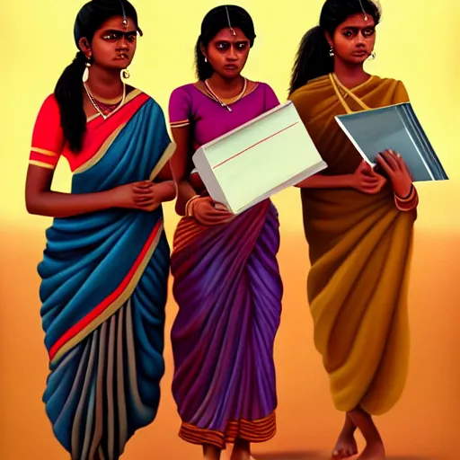 Prompt: hyperrealistic painting of a beautiful young tamil woman holding a notebook while a woman and three men emerge out of the book like genies, detailed digital art, trending on artstation