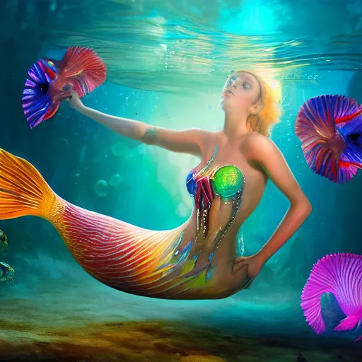 Prompt: a beautiful full body portrait of a swimming mermaid, half woman half betta fish, surrounded by colorful jellyfishes by James C Christensen, underwater, cinematic lighting, 4K, octane render, deviantart, wide angle