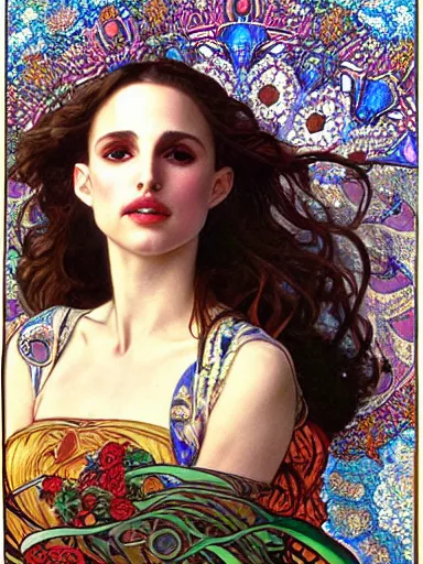 Image similar to a beautiful painting of natalie portman by Alphonse Mucha and by yoshitaka Amano and by Mark Brooks and by gustav klimt and by john william waterhouse, Art Nouveau, Neo-Gothic, gothic, award winning painting, hyperdetailed, detailed