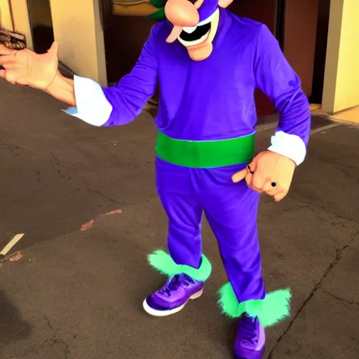 Image similar to Vinny Vinesauce, dressed as Waluigi