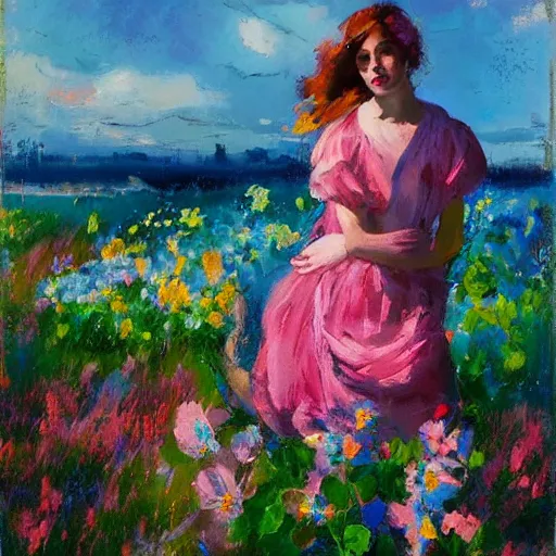 Prompt: a portrait of a beautiful manly man in a dress, intimate, lovely, painting by antoine blanchard and charles camoin, digital painting, faded color disposition, vibrant neon pastel, pink dress, field of blue flowers, magical, aesthetic