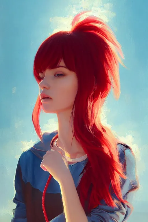 Prompt: A ultradetailed beautiful panting of a stylish woman looking at the camera, she is wearing streetwear, she has red hair with bangs, bright sunny day, Oil painting, by Ilya Kuvshinov, Greg Rutkowski and Makoto Shinkai