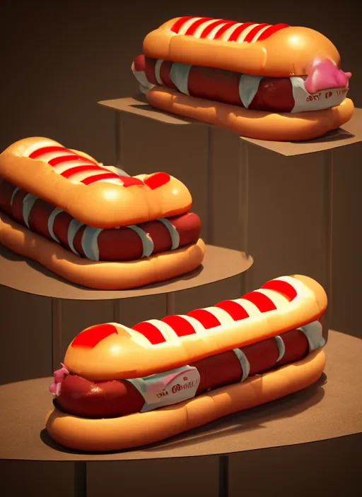 Image similar to plastic cat in form of hotdog, photorealism, canon r 3, symmetry, octane render, unreal engine, dramatic lights, professional studio photo