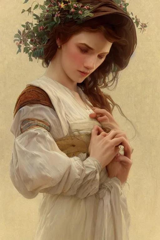 Image similar to beautiful cottagecore young peasant maiden, innocent, intricate, elegant, highly detailed, digital painting, artstation, concept art, smooth, sharp focus, illustration, art by artgerm and greg rutkowski and alphonse mucha