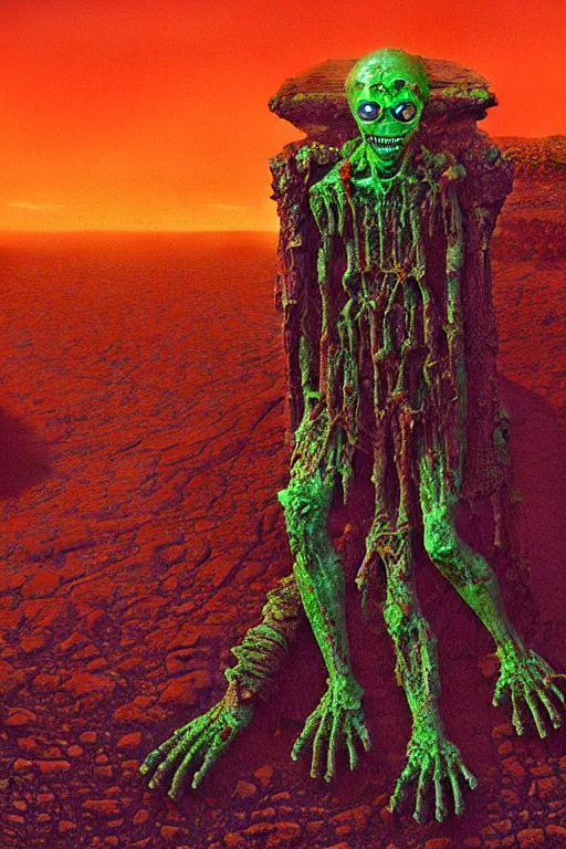 Image similar to glowing green alien crystals irradiating zombie infested, orange and red martian wasteland, survival post - apocalyptic, curiosity rover, beksinski, dark sci - fi