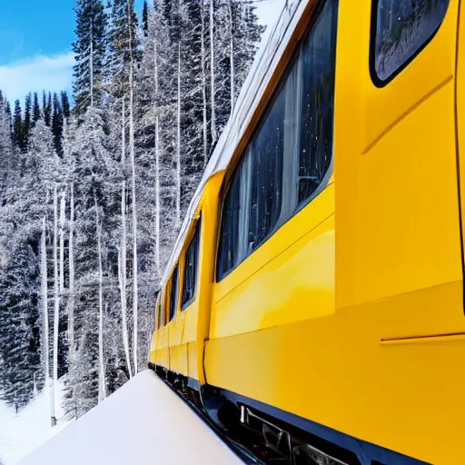 Prompt: golden train riding snowy silver mountains