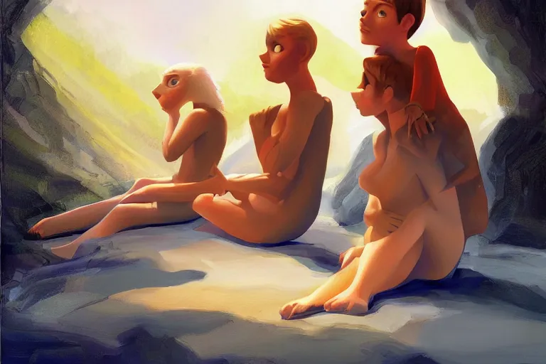 Prompt: beautiful painting of friends, beautiful faces, sitting on the edge, cute, soft light, digital painting by ralph mcquarrie and rolf amrstrong and benoit b mandelbrot