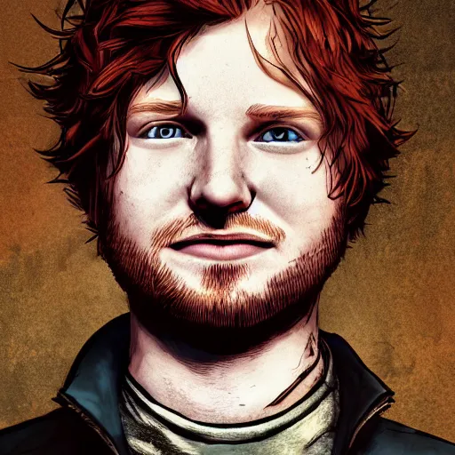 Image similar to ed sheeran portrait, borderlands, tales from the borderlands, the wolf among us, comic, cinematic lighting, studio quality, 8 k