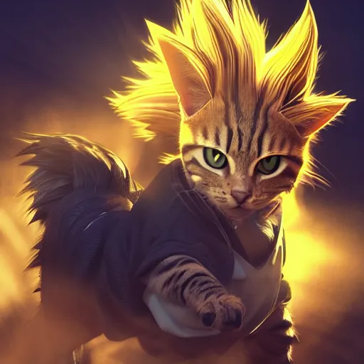 Prompt: tabby cat going super saiyan, golden hour, fantasy, sharp focus, digital art, hyper realistic, 4 k, unreal engine, highly detailed, hd, dramatic lighting by brom, trending on artstation, goku