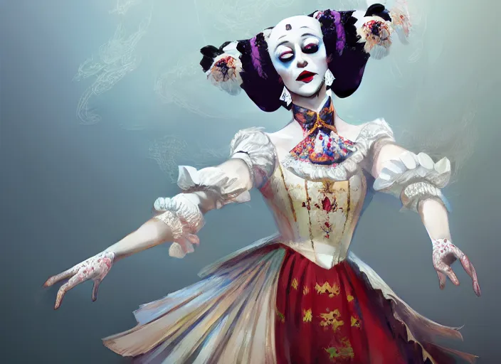 Image similar to award winning digital art of a beautiful elegant pierrot jester wearing a traditional pierrot outfit, performing at a magnificent carnival, beautiful background, trending artstation, digital art, aesthetic, bloom, intricate, elegant, sharp focus, digital illustration, highly detailed, octane render, digital painting, concept art, art by ruan jia and greg rutkowski and sachin teng, masterpiece