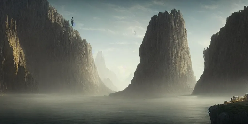 Image similar to establishing shot from a movie, epic matte painting of an island, cinematic cinematography masterpiece, greg rutkowski, and ivan aivazovski, roger deakins