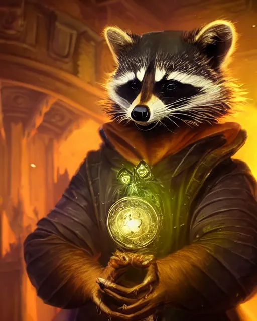 Image similar to closeup 2 8 mm anthropomorphic warlock raccoon casting a spell in a castle, d & d, fantasy, intricate, action pose, particle effects, highly detailed, digital painting, artstation, concept art, matte, sharp focus, volumetric lighting, illustration, hearthstone, art by artgerm, wlop, craig mullins, alphonse mucha