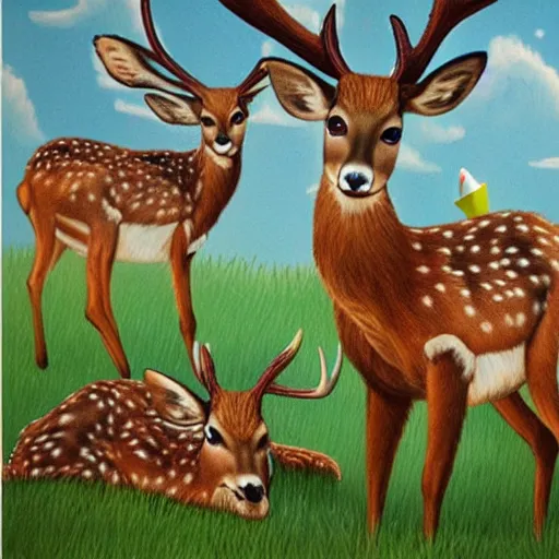 Image similar to three deers having a cool birthday party, photorealistic, highly detailed